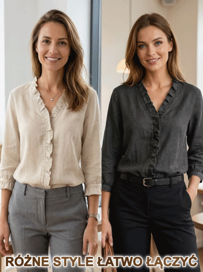 Lniana bluzka z marszczeniami w stylu rustykalnym z dekoltem w serek