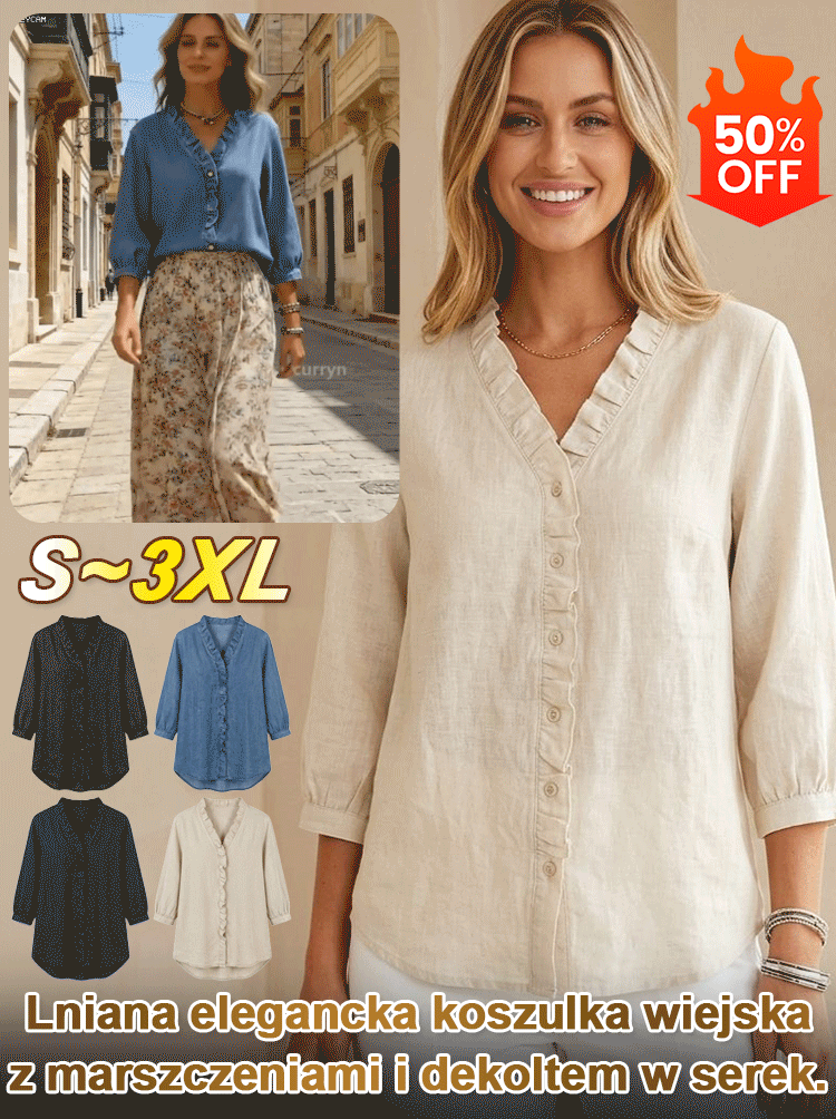 Lniana bluzka z marszczeniami w stylu rustykalnym z dekoltem w serek