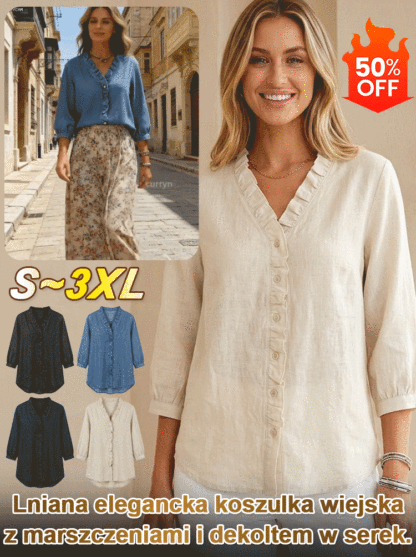 Lniana bluzka z marszczeniami w stylu rustykalnym z dekoltem w serek