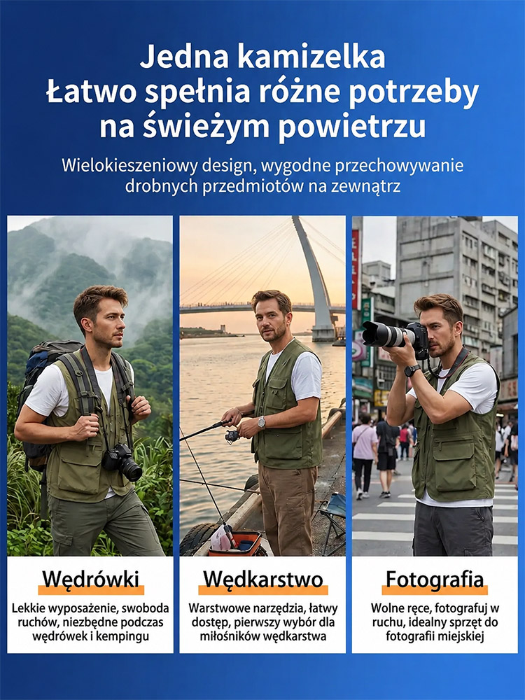 Kamizelka z wieloma kieszeniami, szybkoschnąca i oddychająca