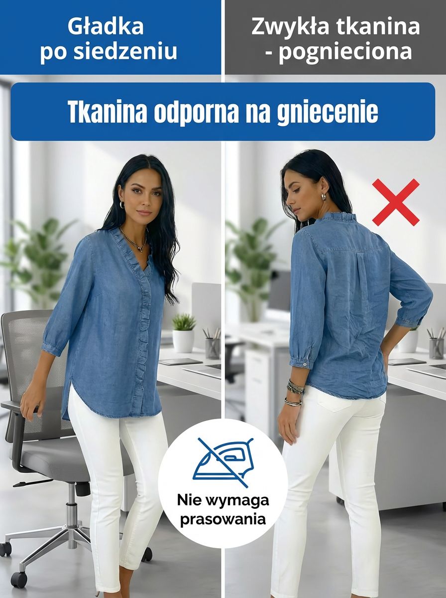 Lniana bluzka z marszczeniami w stylu rustykalnym z dekoltem w serek