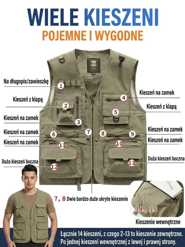 Kamizelka z wieloma kieszeniami, szybkoschnąca i oddychająca