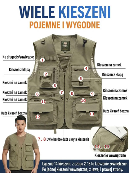 Kamizelka z wieloma kieszeniami, szybkoschnąca i oddychająca