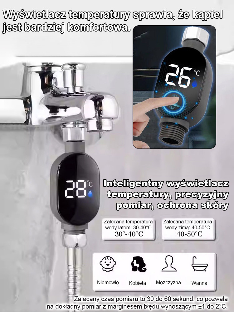 🚿Koniec z testowaniemlodowatej lub wrzącej wody ręką. Zadbaj o zdrowie i komfort swojej rodziny!Inteligentny wodoodporny wyświetlacz temperatury prysznica