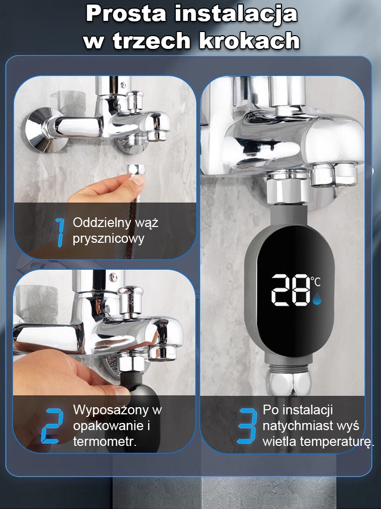 🚿Koniec z testowaniemlodowatej lub wrzącej wody ręką. Zadbaj o zdrowie i komfort swojej rodziny!Inteligentny wodoodporny wyświetlacz temperatury prysznica