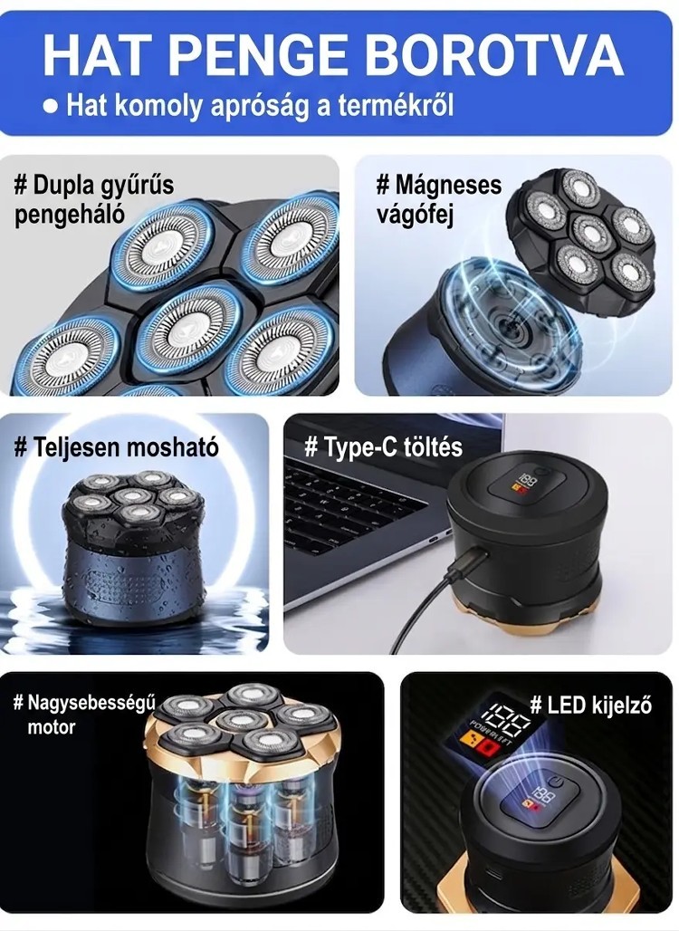 【Teljesen mosható】Elektromos borotva és fejborotva egyben