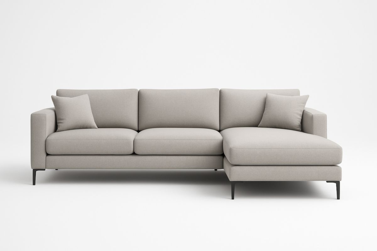 Divano angolare in tessuto grigio con cuscini