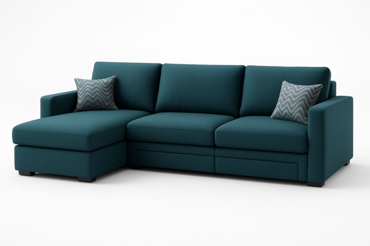 Divano angolare in tessuto blu petrolio con chaise longue e cuscini