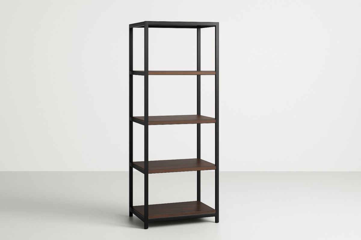 Libreria in metallo nero e legno marrone con 4 ripiani