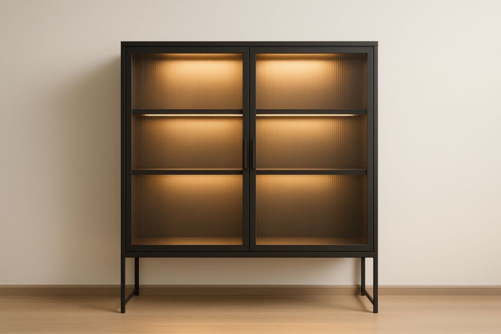 Vetrina in acciaio e vetro temperato nero con illuminazione LED 160 cm