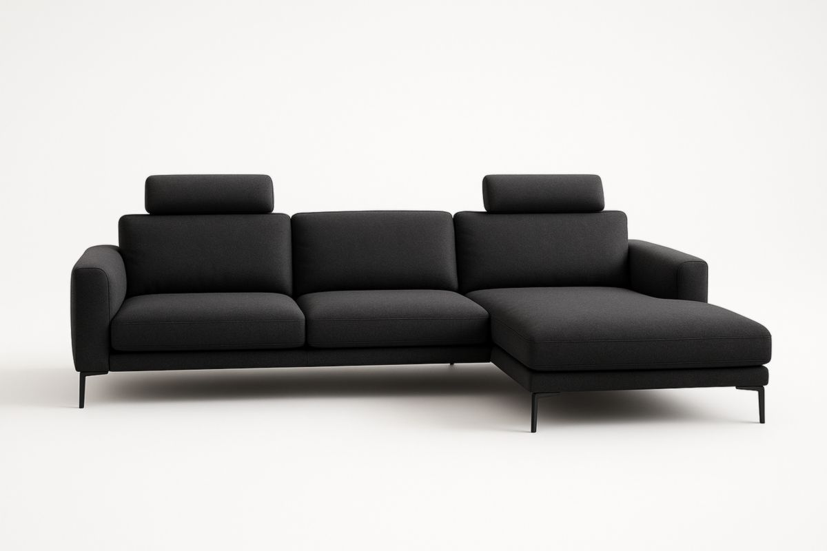 Divano angolare in tessuto poliestere nero con poggiatesta regolabili 290x160 cm