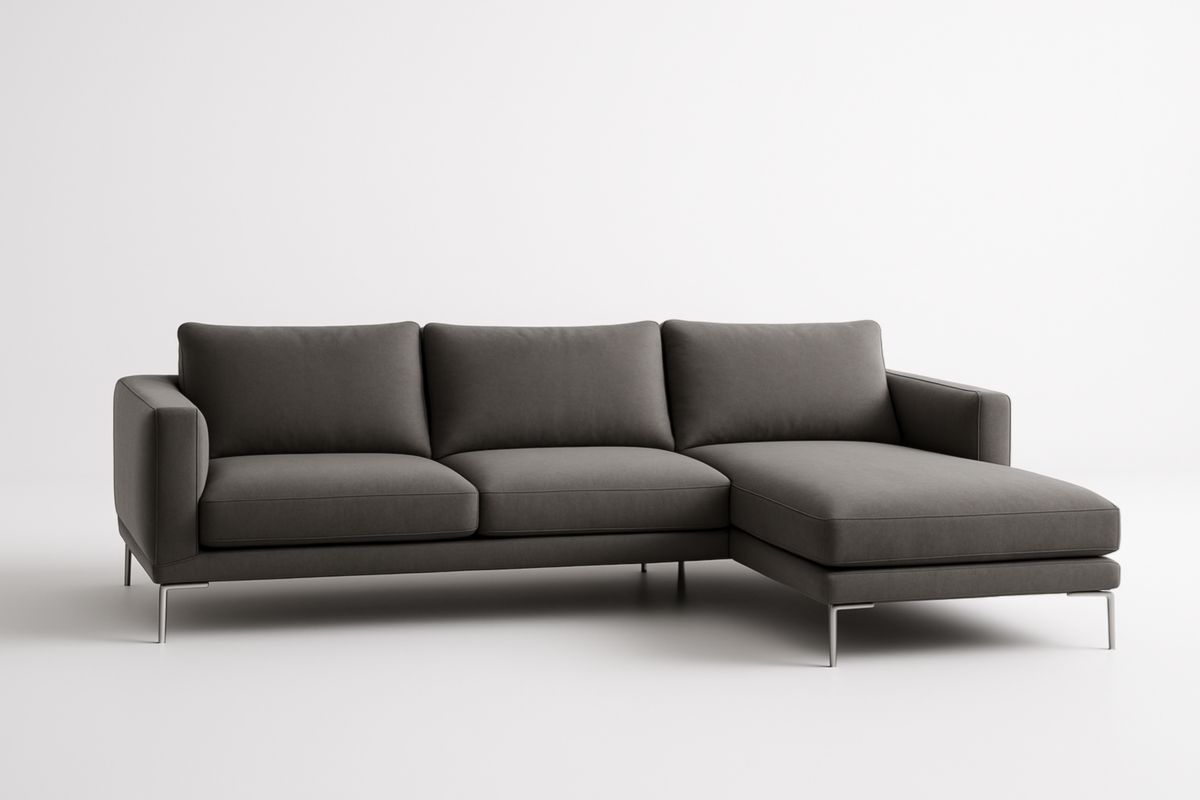 Divano angolare in tessuto grigio con struttura in metallo