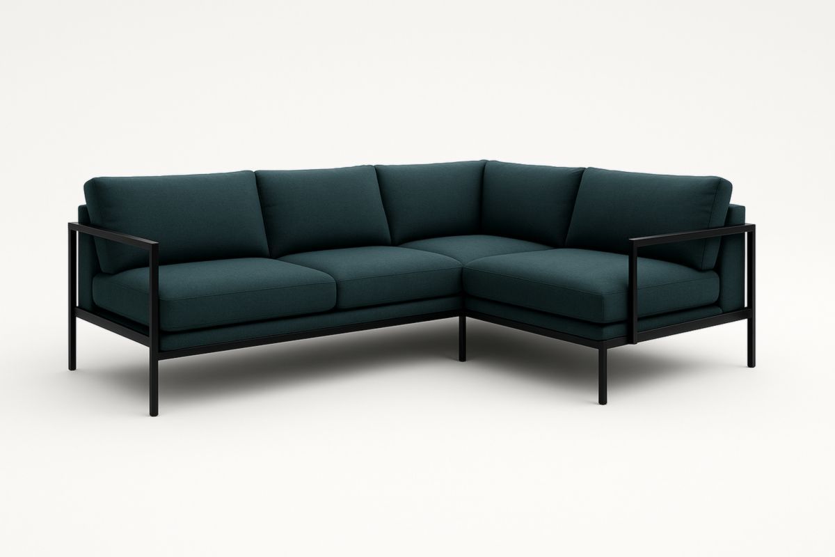Divano angolare in tessuto verde con struttura in metallo