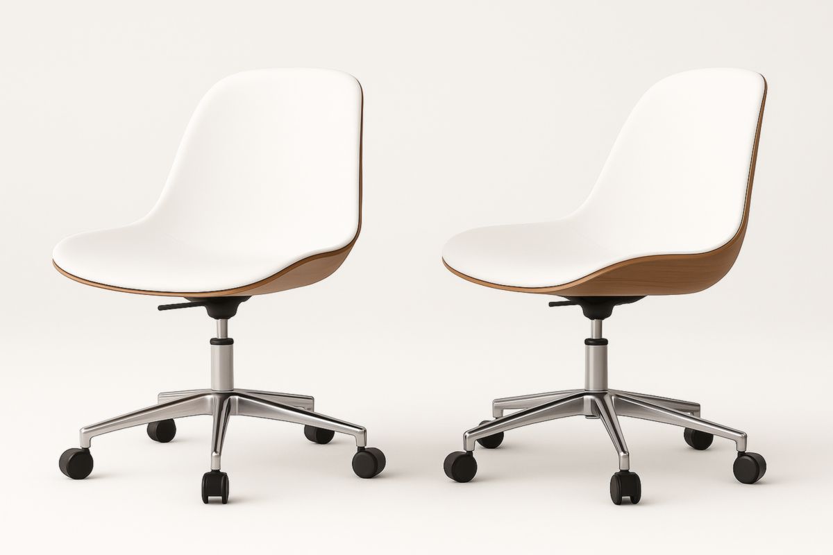 Sedia da ufficio girevole in legno e pelle PU bianca regolabile con ruote