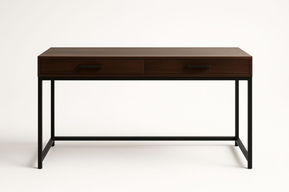 Scrivania rettangolare in legno marrone con struttura in metallo nero