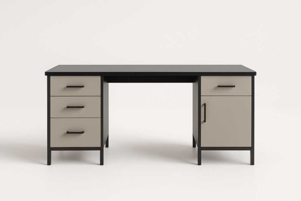 Scrivania rettangolare nera e grigia in MDF con cassetti