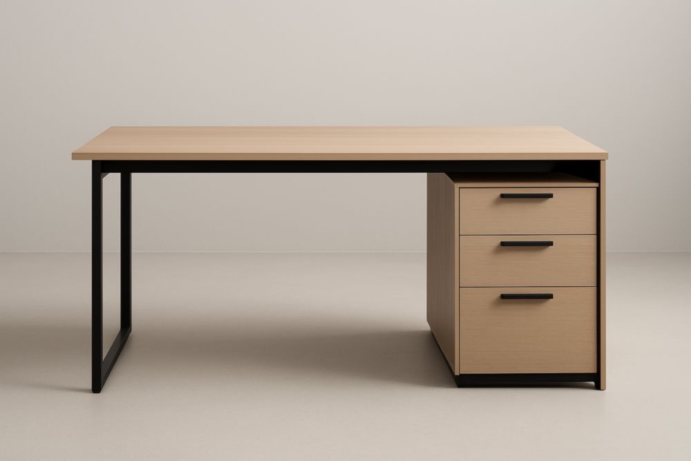 Scrivania rettangolare in legno e metallo con 3 cassetti