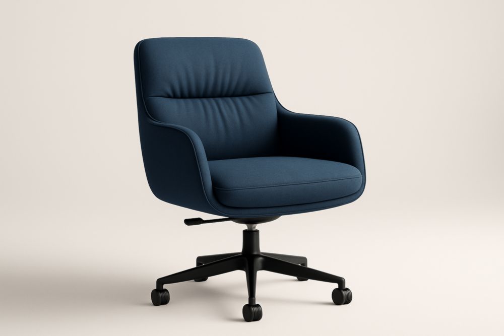 Sedia girevole blu in tessuto con base regolabile in metallo