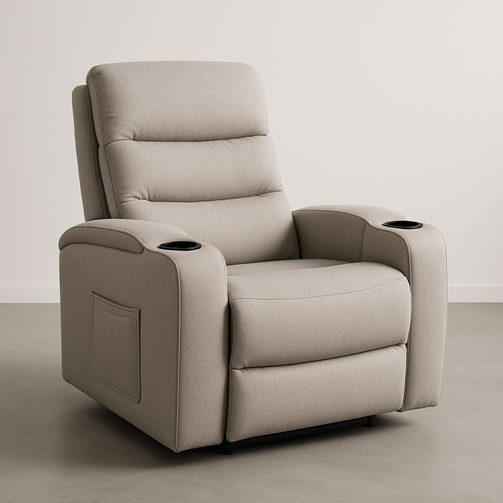 Poltrona Reclinabile in Tessuto Beige con Portabicchieri