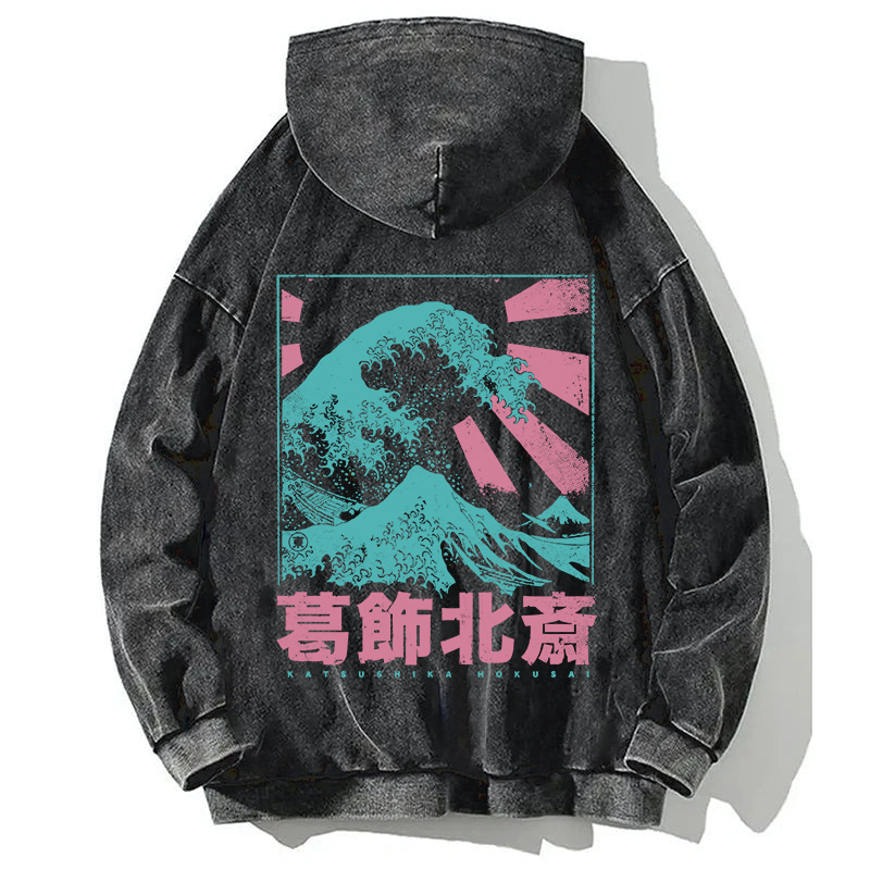 Tokyocanvas Japanese Great Wave Off Kanagawa Back Washed Hoodie