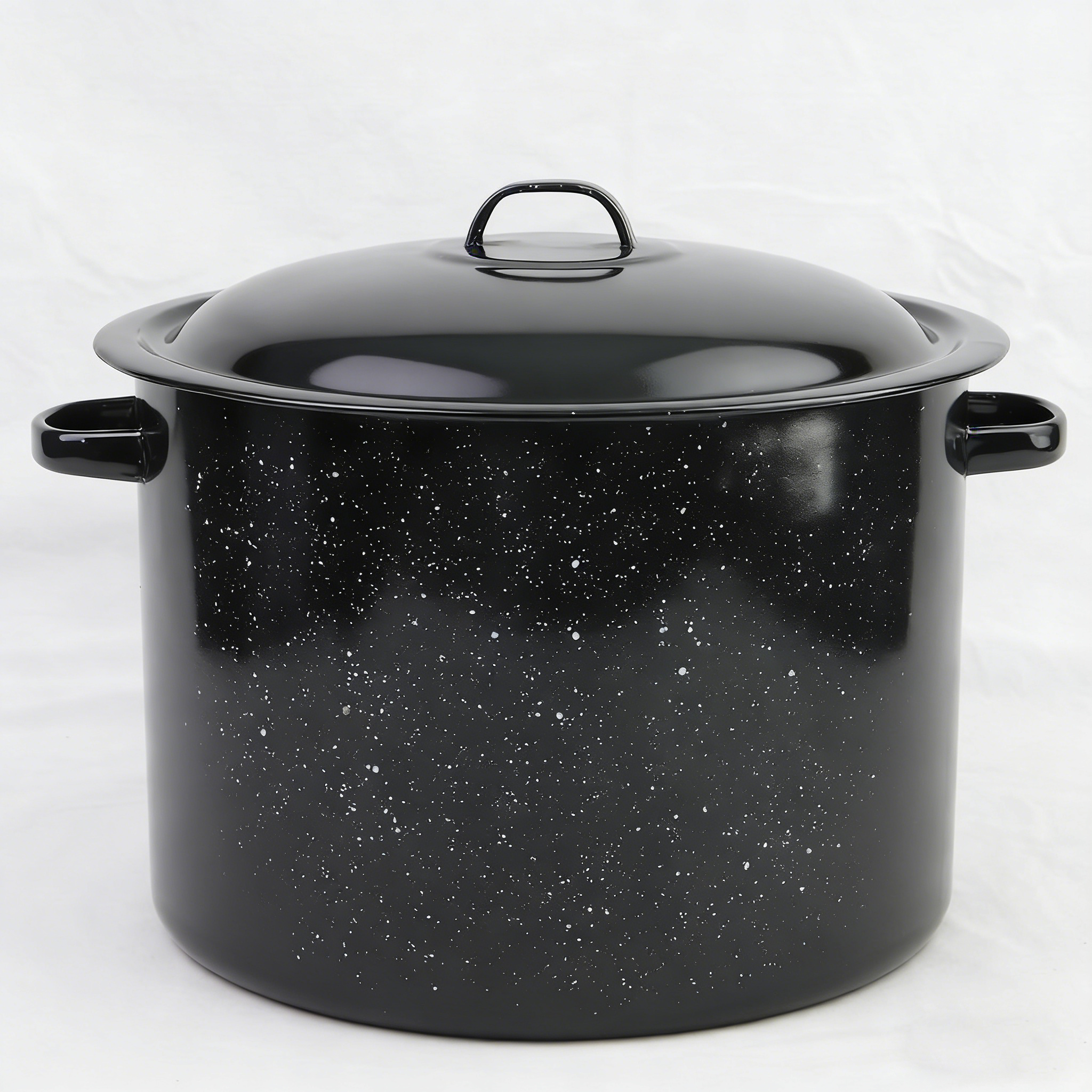 Vintage Black Spotted Enameled Soup Pot with Lid