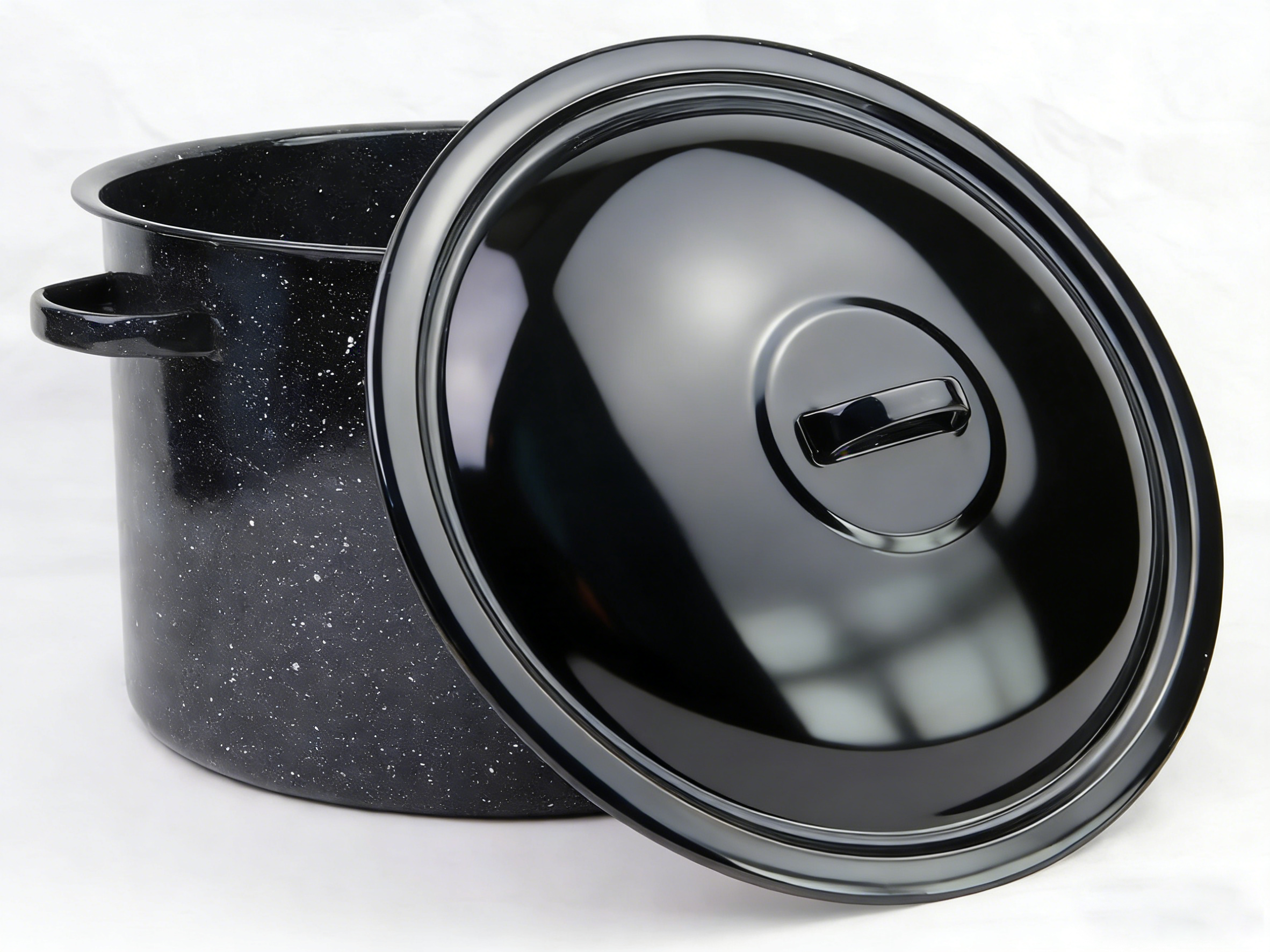 Vintage Black Spotted Enameled Soup Pot with Lid