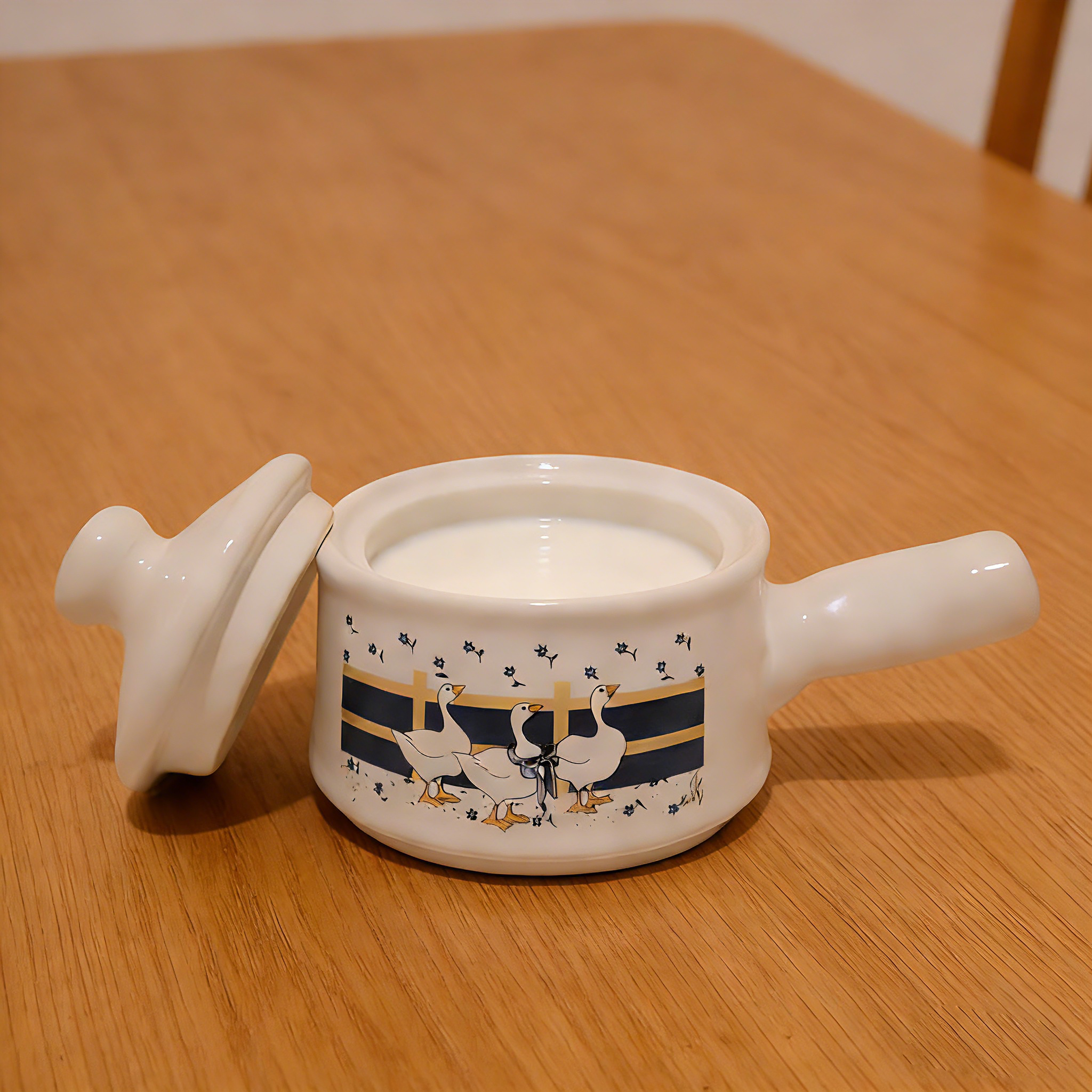 Crock Pot or Soup Bowl with Lid and Handle with Country Blue Geese Design