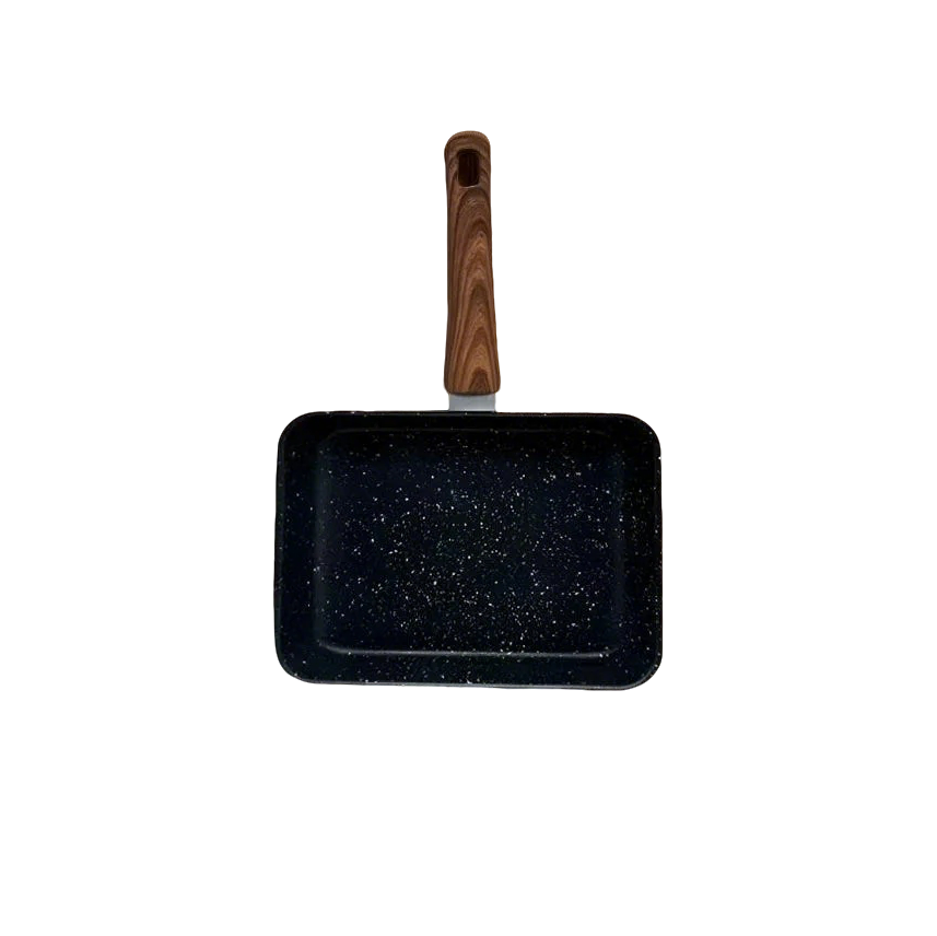 Rectangular non-stick frying pan with wooden handle