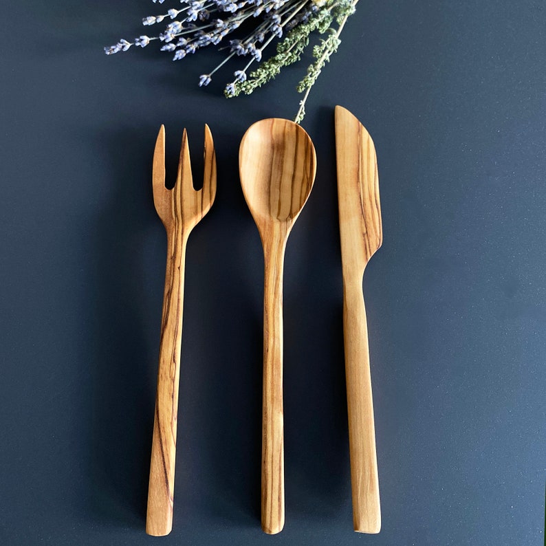 Olive Wood Cutlery Set Antibacterial Eco Friendly