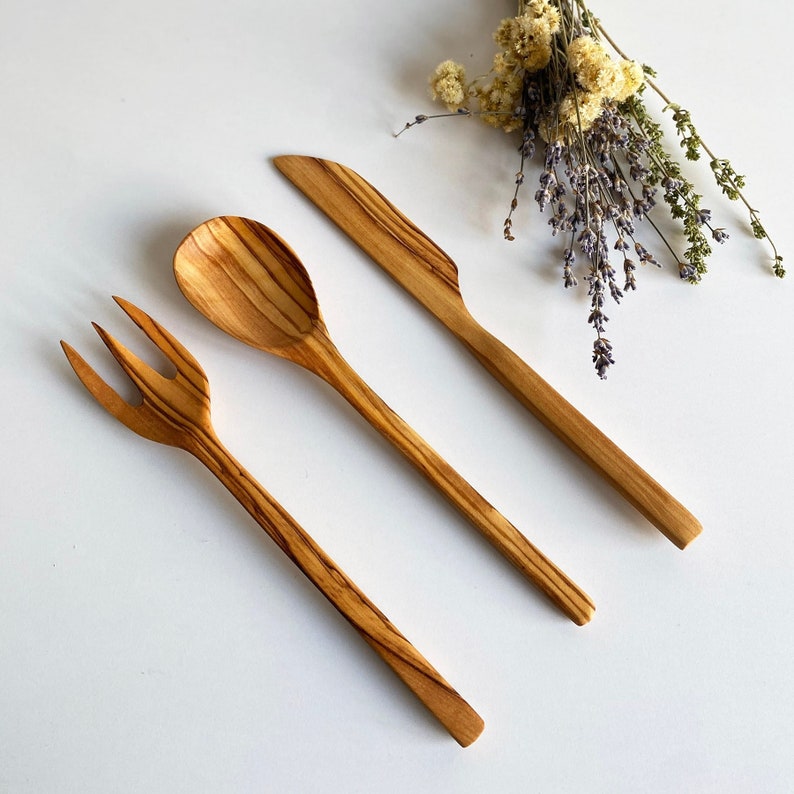 Olive Wood Cutlery Set Antibacterial Eco Friendly