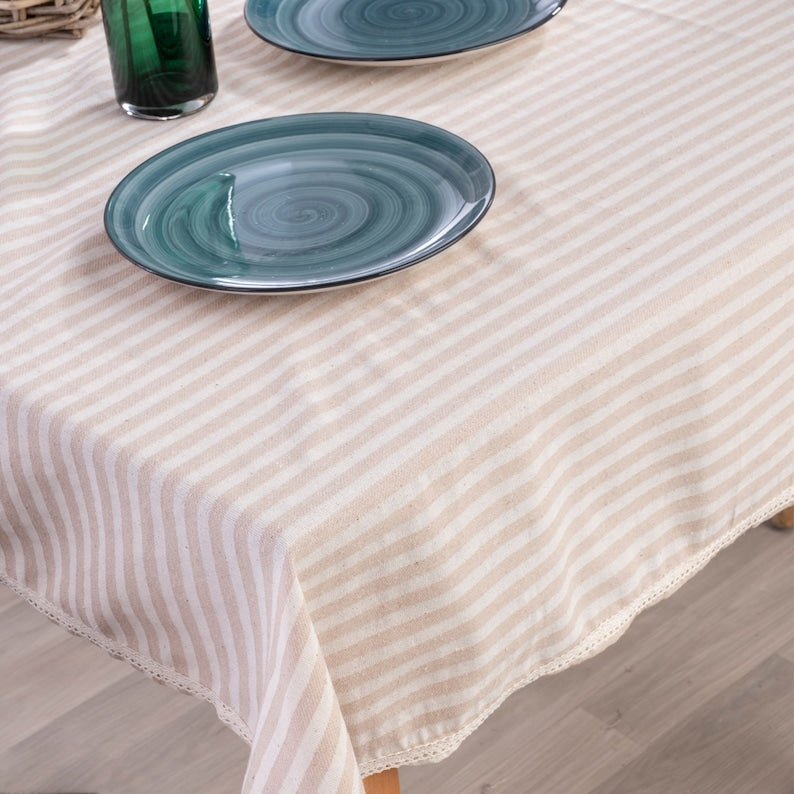 Striped Cotton and Linen Dining Tablecloth