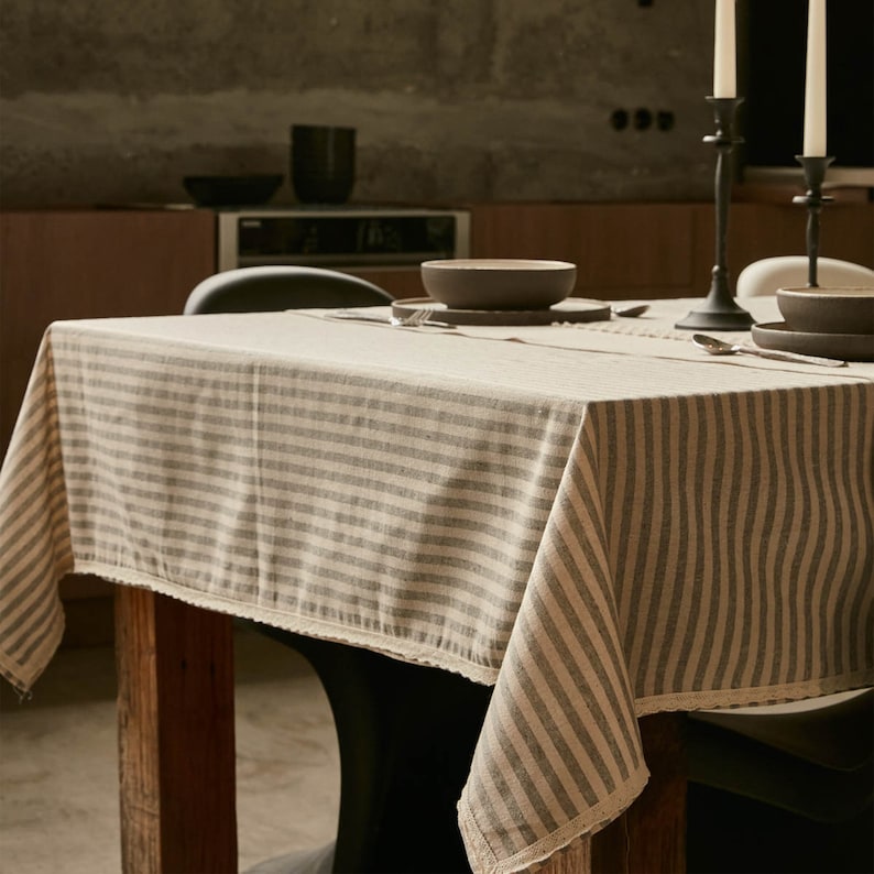 Striped Cotton and Linen Dining Tablecloth