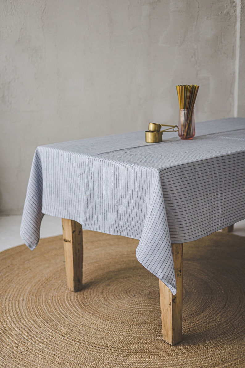 Square White Linen with Black Stripes Tablecloth