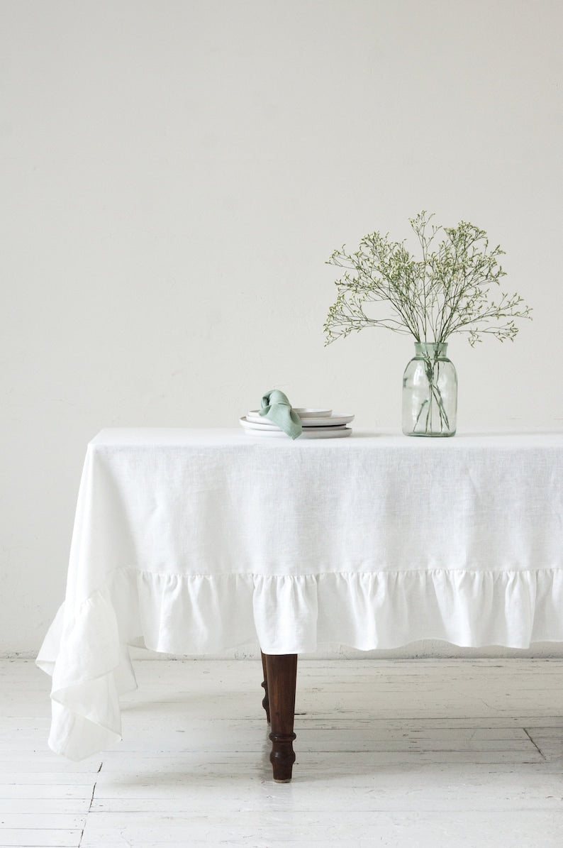 Washed Soft Linen Ruffled Tablecloth