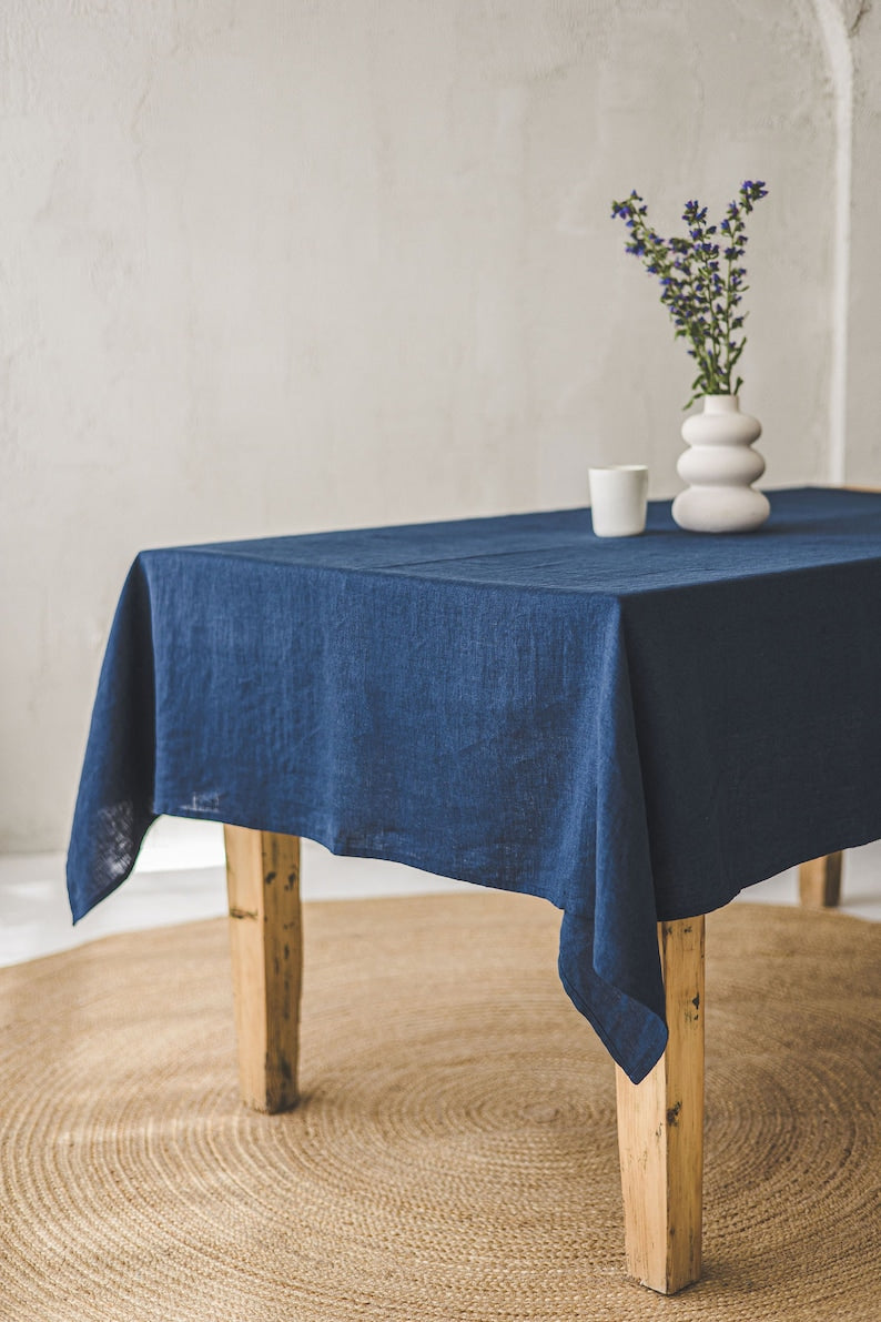 Square White Linen with Black Stripes Tablecloth