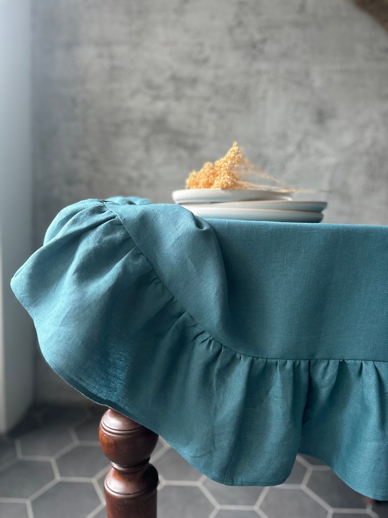 Washed Soft Linen Ruffled Tablecloth