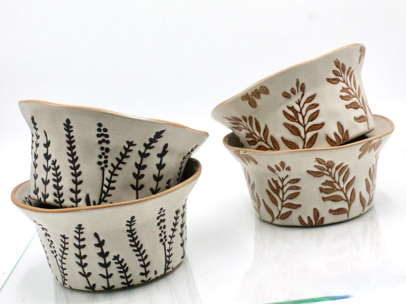 Whimsical Ceramic Baking Cup Beige with Floral Designs for Contemporary Farmhouse Decor