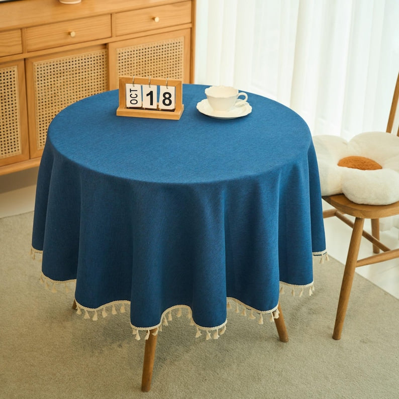 Round Linen Textured Outdoor Tablecloth