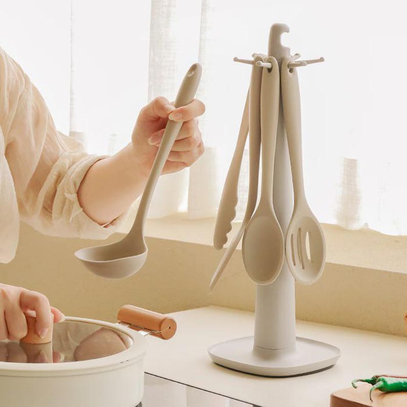 6pcs Silicone Kitchen Utensil Set Rotating Holder