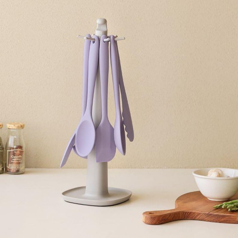6pcs Silicone Kitchen Utensil Set Rotating Holder