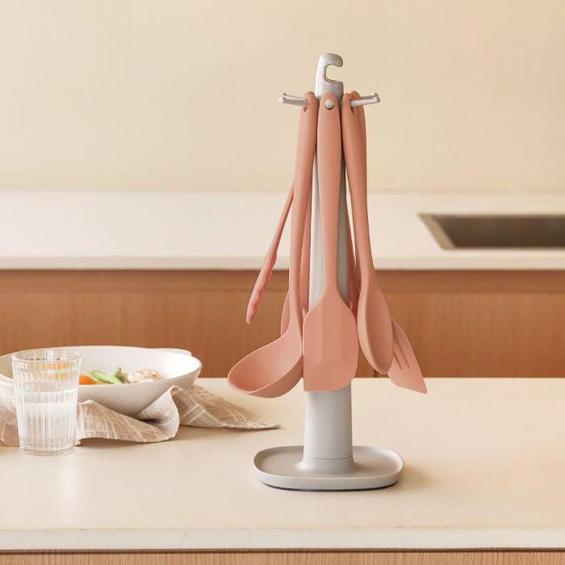 6pcs Silicone Kitchen Utensil Set Rotating Holder