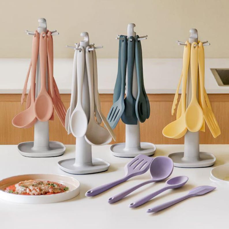 6pcs Silicone Kitchen Utensil Set Rotating Holder