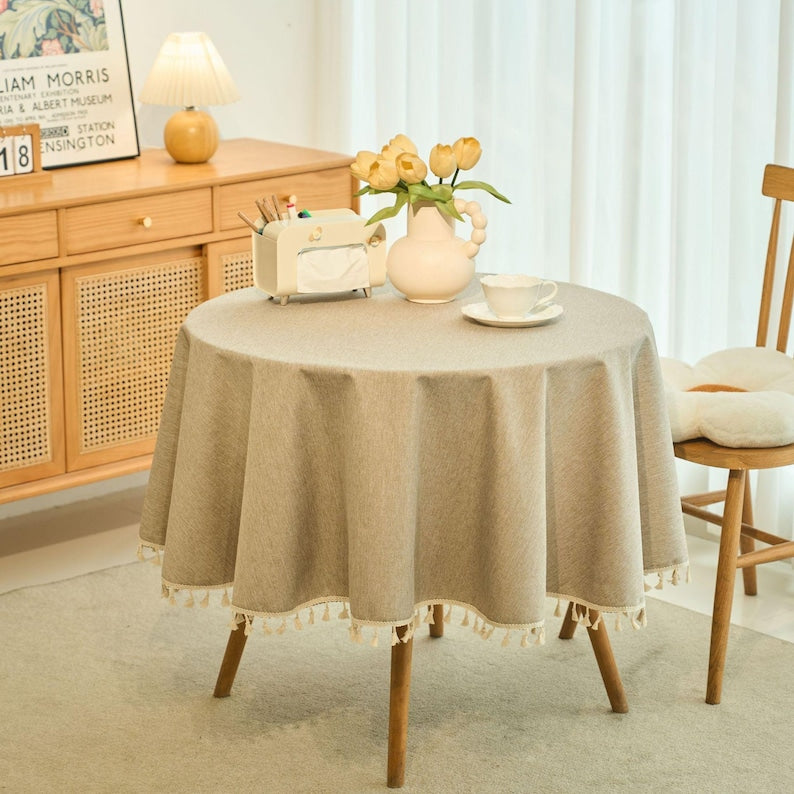 Round Linen Textured Outdoor Tablecloth