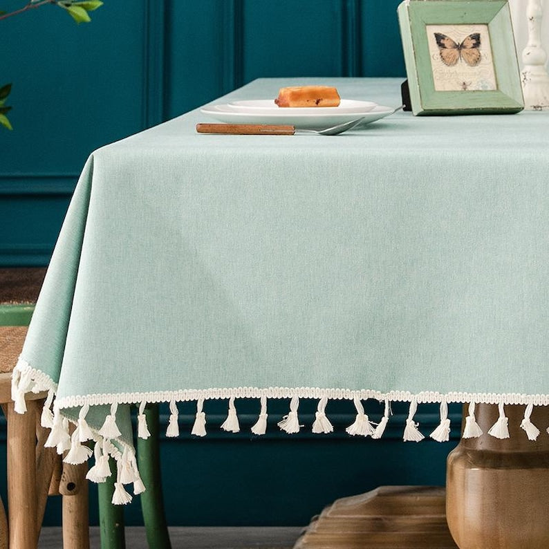 Tasseled Edge Green Waterproof Tablecloth
