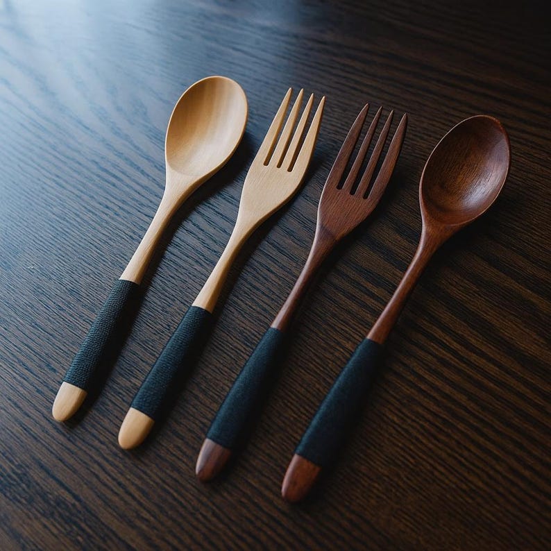 Wooden Spoon Fork Set Wrapped Handle