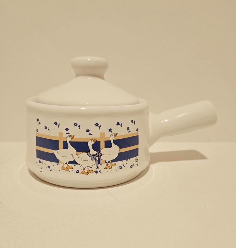 Crock Pot or Soup Bowl with Lid and Handle with Country Blue Geese Design