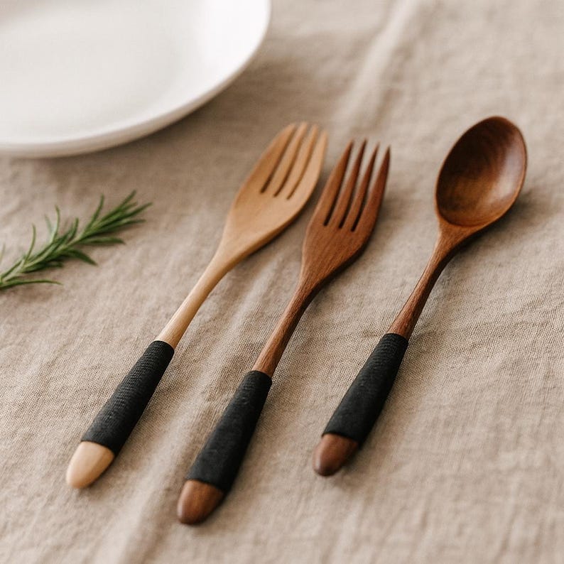 Wooden Spoon Fork Set Wrapped Handle