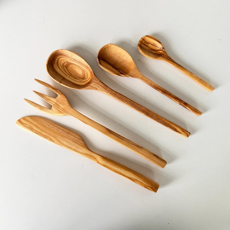 Olive Wood Cutlery Set Antibacterial Eco Friendly