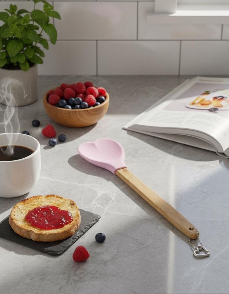Romantic Heart-Shaped Silicone Wooden Handle Scraper Baking Tool