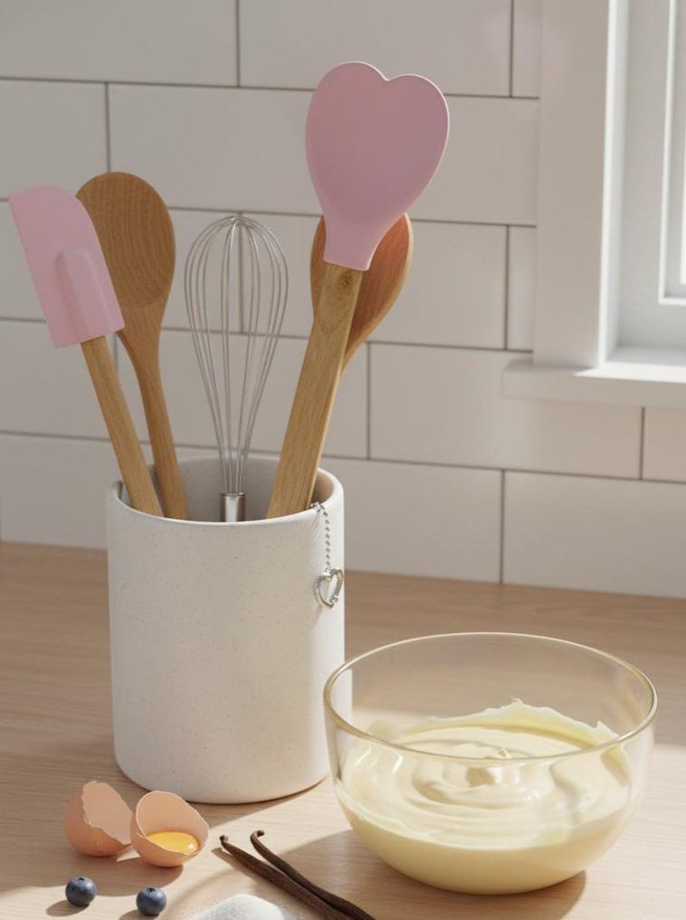 Romantic Heart-Shaped Silicone Wooden Handle Scraper Baking Tool